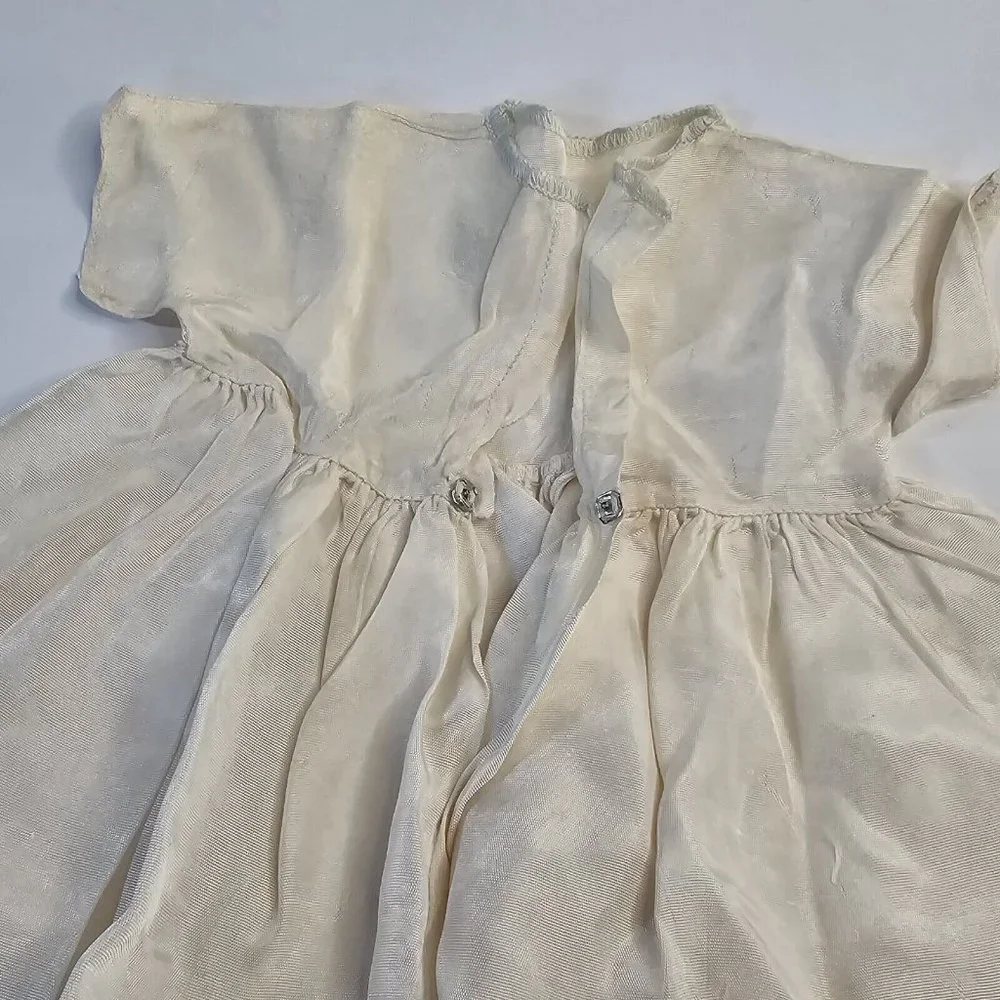 Vintage Baby Doll Dress Short Sleeve Bishop Smocked Beige Snap Fitted Bodice